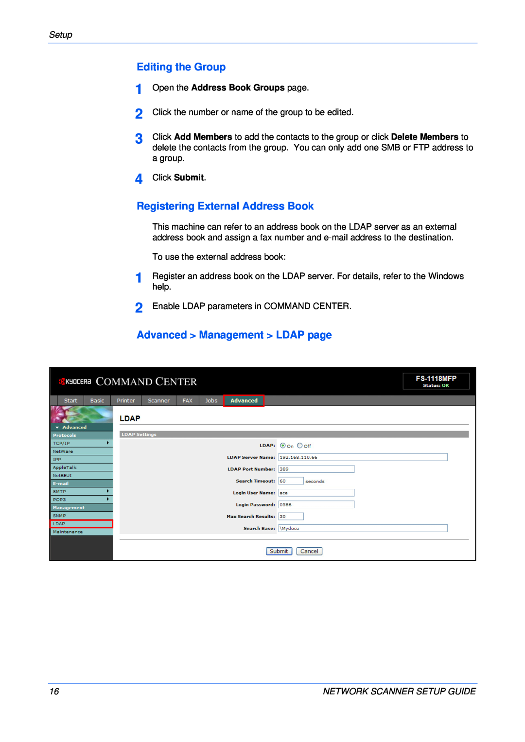 Kyocera KM-1820, FS-1118MFP setup guide Editing the Group, Registering External Address Book, Advanced Management LDAP page 