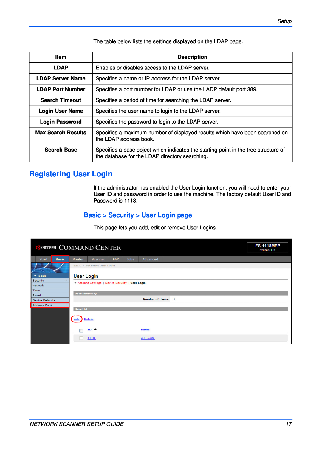 Kyocera FS-1118MFP Registering User Login, Basic Security User Login page, Ldap, LDAP Server Name, LDAP Port Number 
