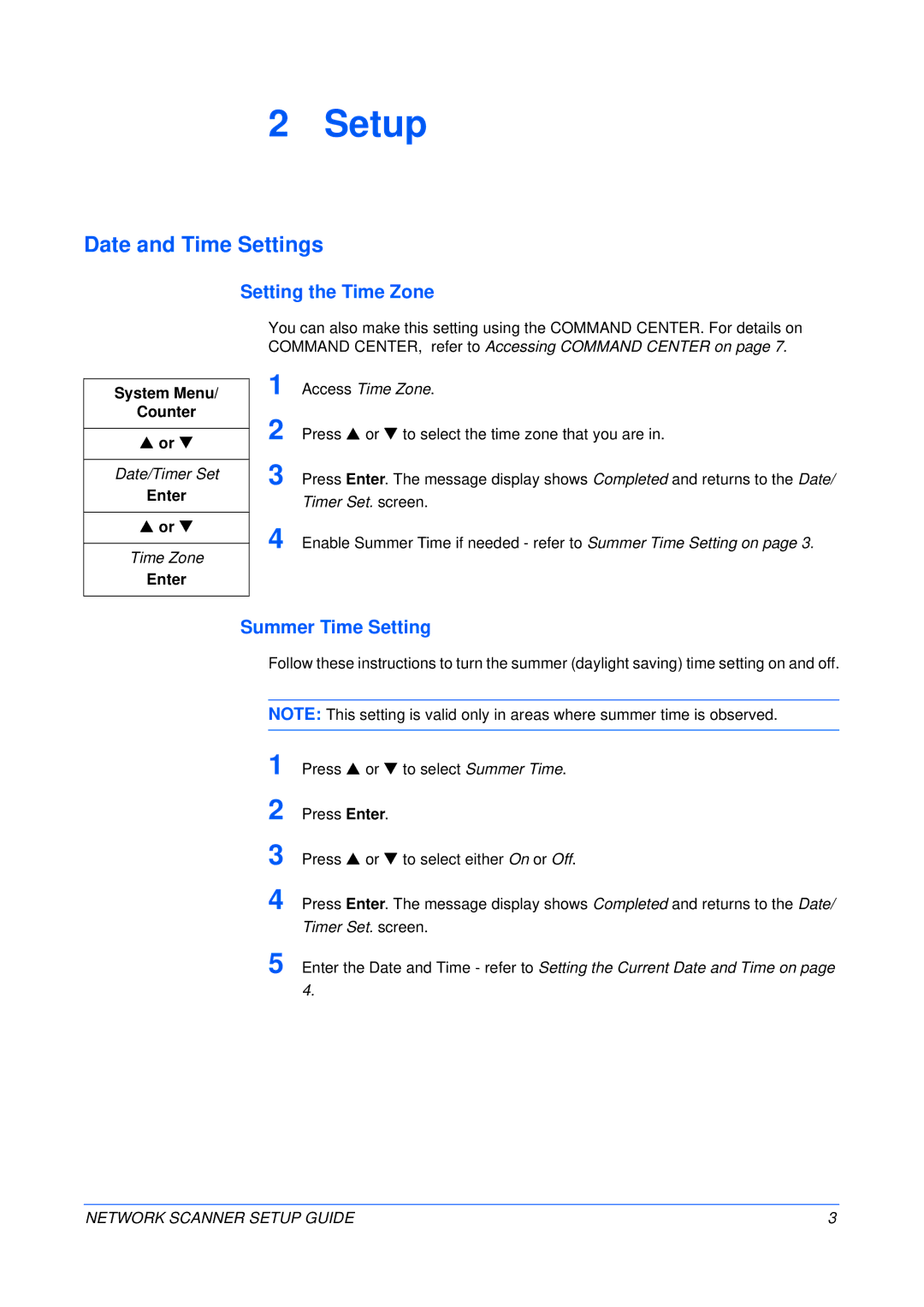 Kyocera FS-1118MFP, KM-1820 setup guide Setup, Date and Time Settings, Setting the Time Zone, Summer Time Setting 