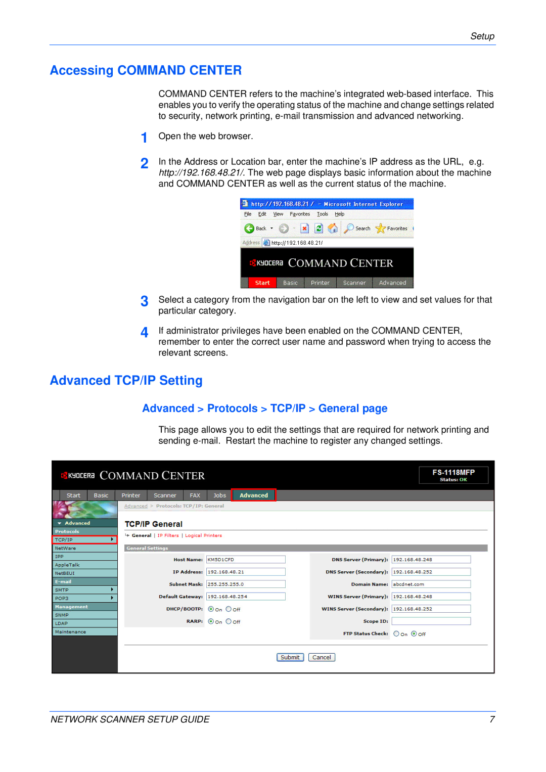 Kyocera FS-1118MFP, KM-1820 setup guide Accessing Command Center, Advanced TCP/IP Setting, Advanced Protocols TCP/IP General 