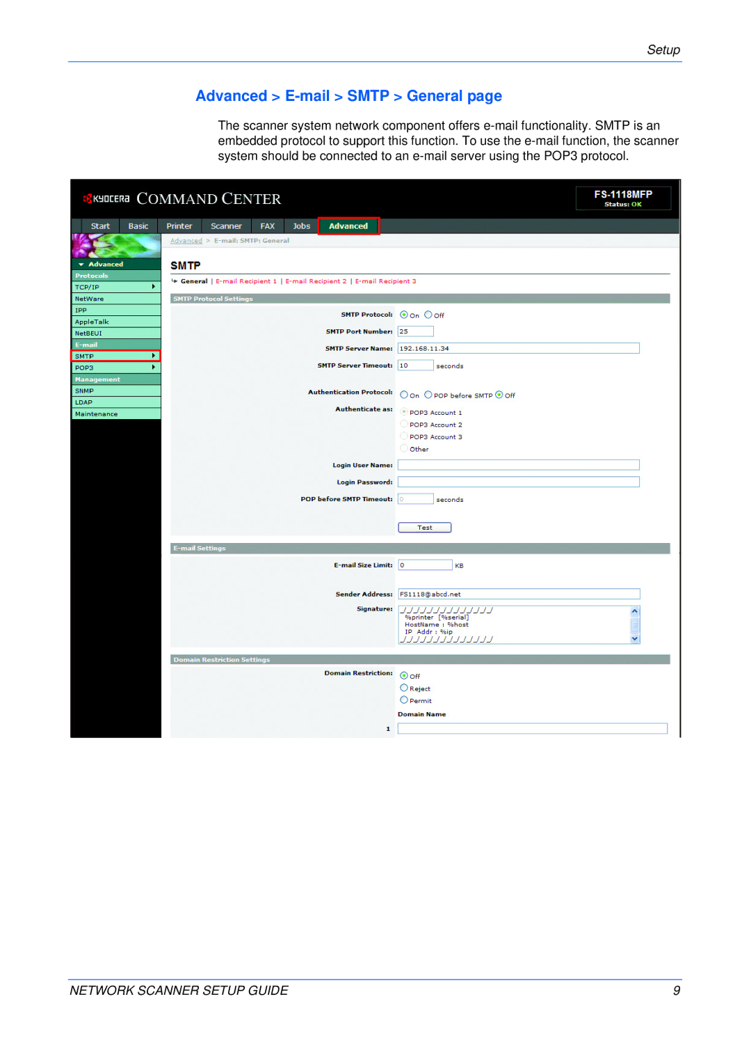 Kyocera FS-1118MFP, KM-1820 setup guide Advanced E-mail Smtp General 