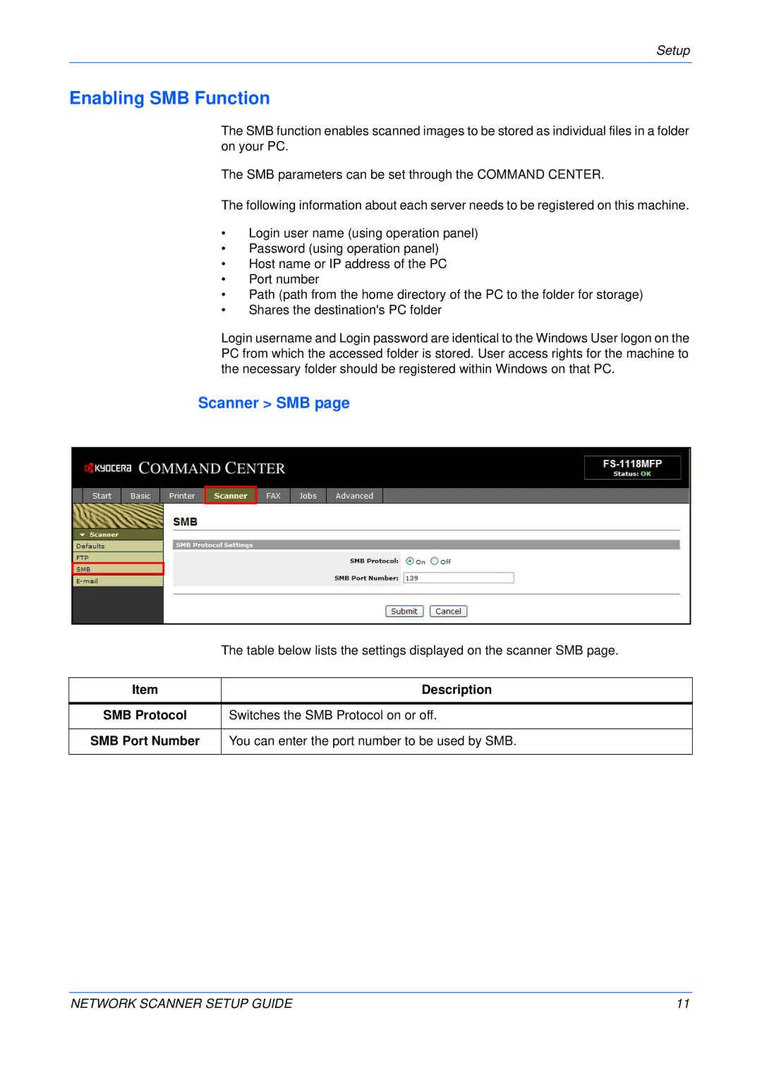 Kyocera FS-1118MFP Enabling SMB Function, Scanner SMB, Table below lists the settings displayed on the scanner SMB 