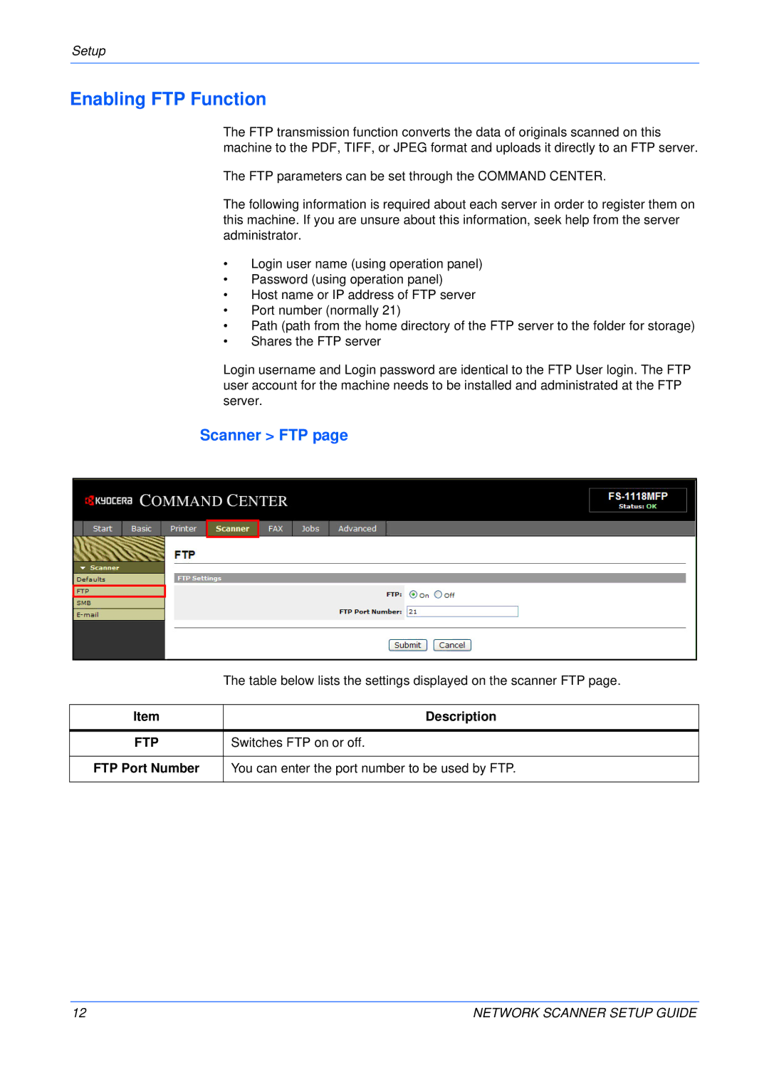 Kyocera KM-1820 setup guide Enabling FTP Function, Scanner FTP, Table below lists the settings displayed on the scanner FTP 