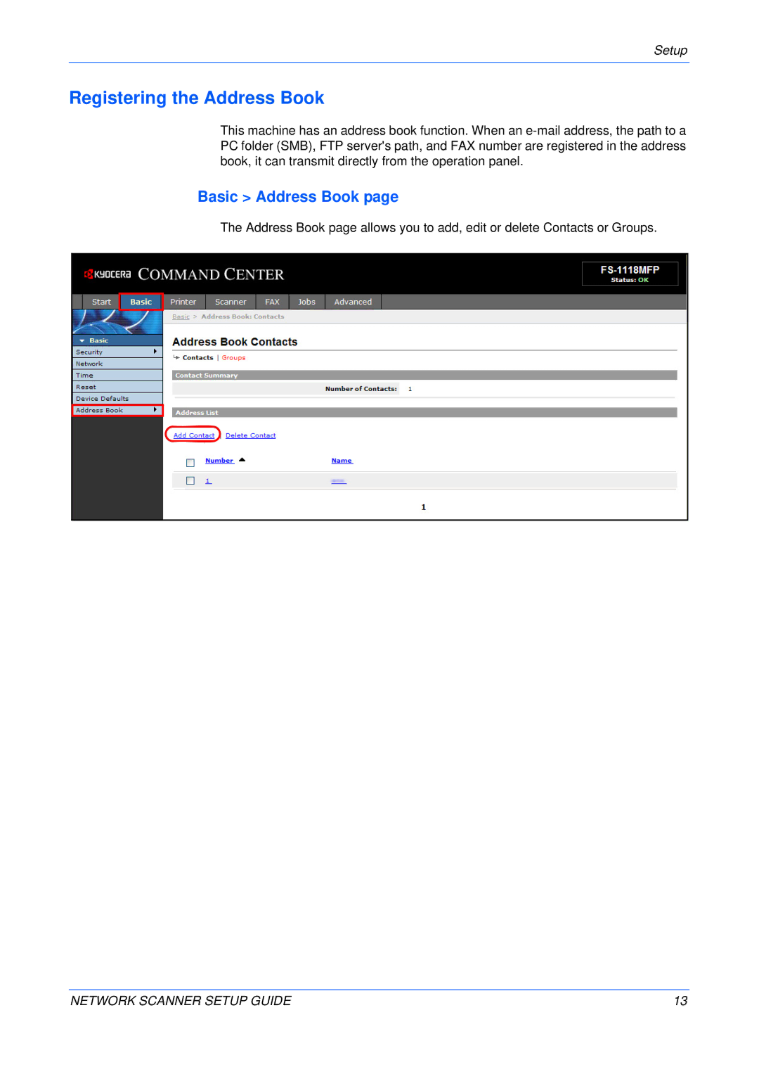 Kyocera FS-1118MFP, KM-1820 setup guide Registering the Address Book, Basic Address Book 