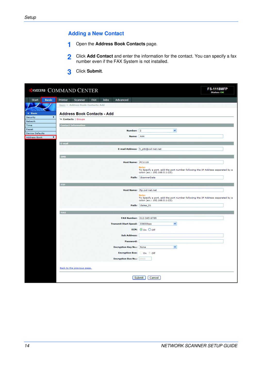 Kyocera KM-1820, FS-1118MFP setup guide Adding a New Contact, Open the Address Book Contacts 