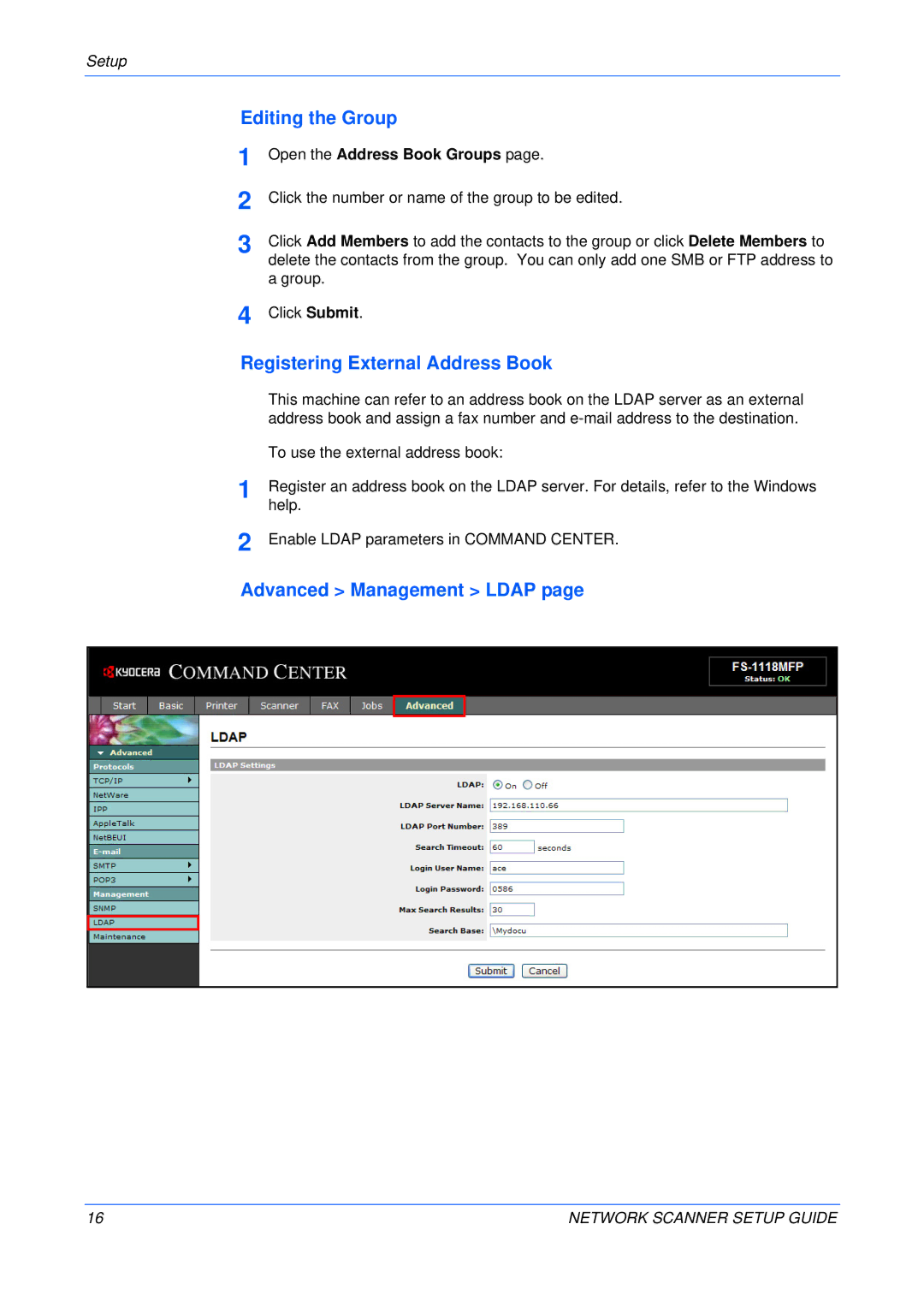 Kyocera KM-1820, FS-1118MFP setup guide Editing the Group, Registering External Address Book, Advanced Management Ldap 