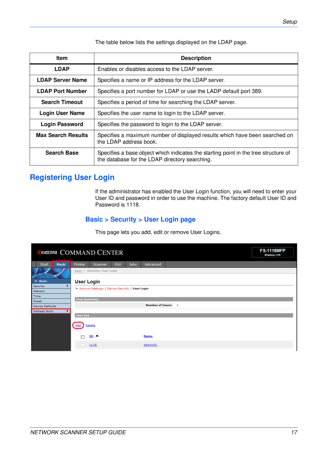 Kyocera FS-1118MFP, KM-1820 setup guide Registering User Login, Basic Security User Login 