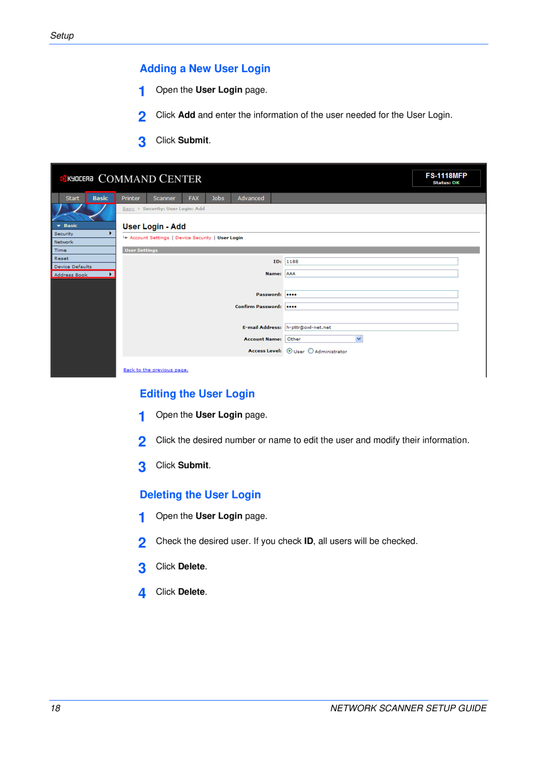 Kyocera KM-1820, FS-1118MFP setup guide Adding a New User Login, Editing the User Login, Deleting the User Login 