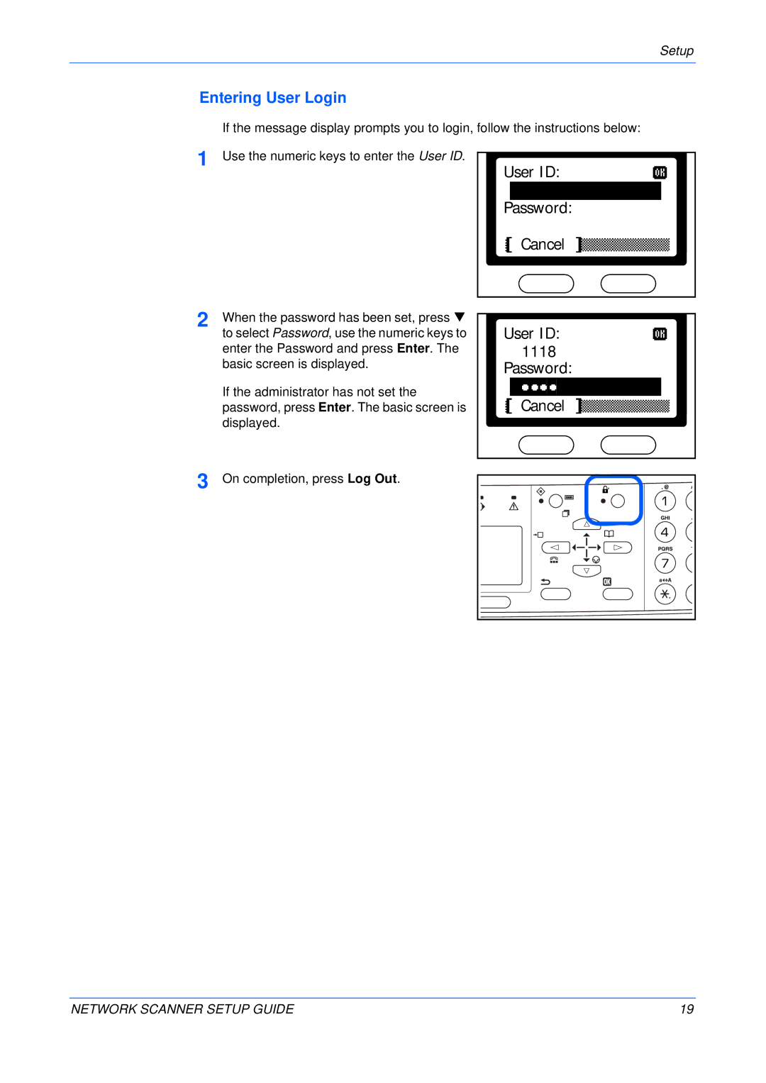 Kyocera FS-1118MFP, KM-1820 setup guide Entering User Login, User ID 