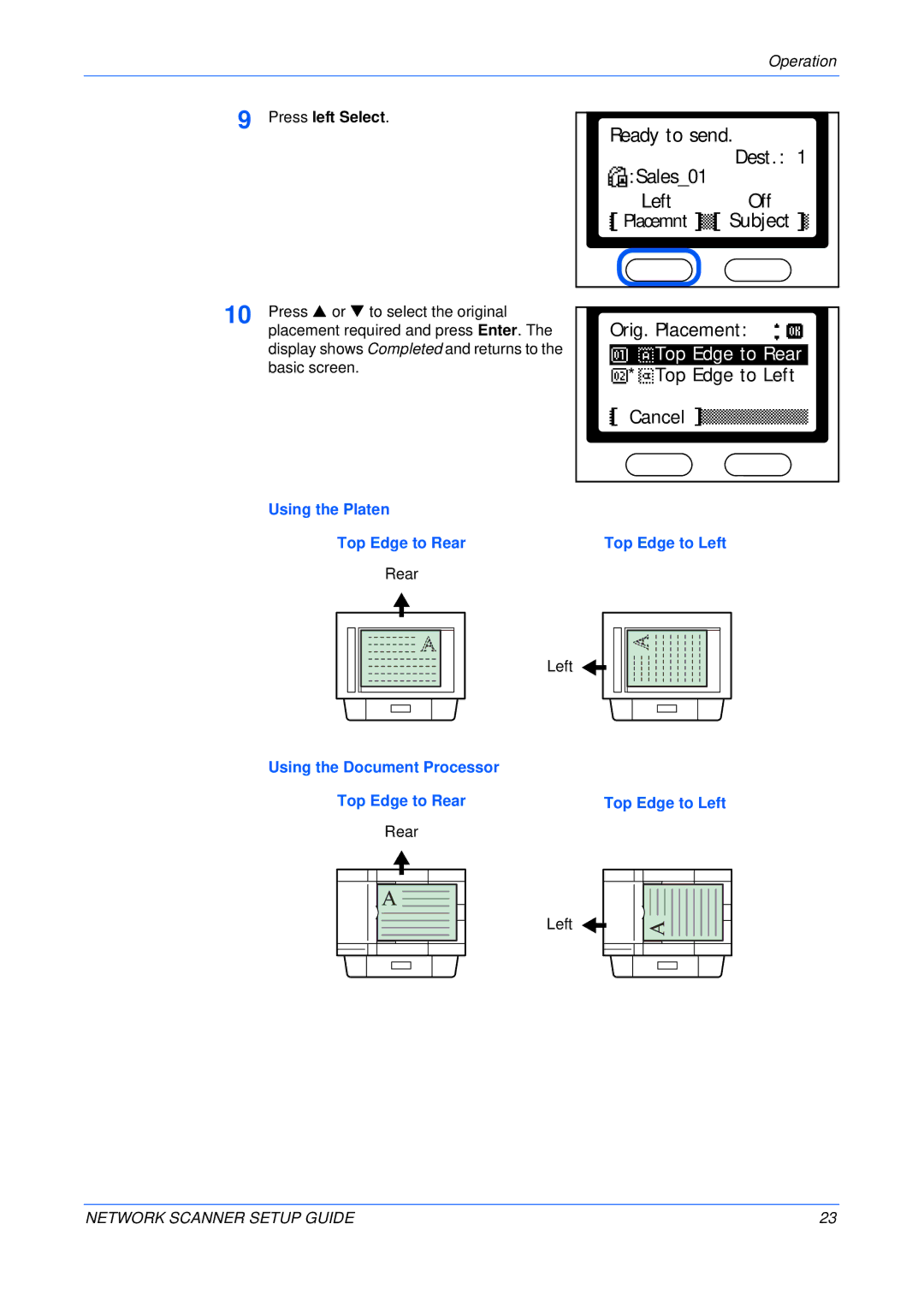 Kyocera FS-1118MFP, KM-1820 setup guide Press left Select, Using the Platen Top Edge to Rear, Top Edge to Left 