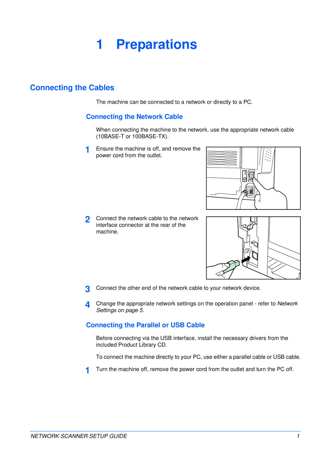 Kyocera FS-1118MFP Preparations, Connecting the Cables, Connecting the Network Cable, Connecting the Parallel or USB Cable 