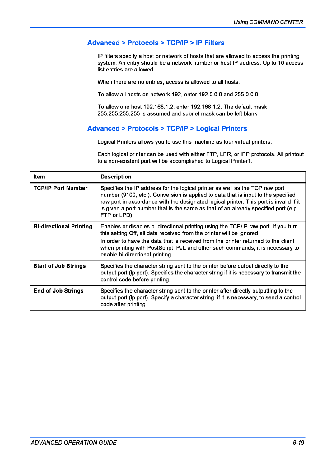 Kyocera KM-1820 manual Advanced Protocols TCP/IP IP Filters, Advanced Protocols TCP/IP Logical Printers 