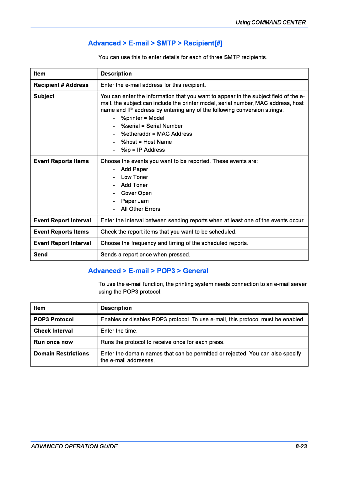 Kyocera KM-1820 manual Advanced E-mail SMTP Recipient#, Advanced E-mail POP3 General 