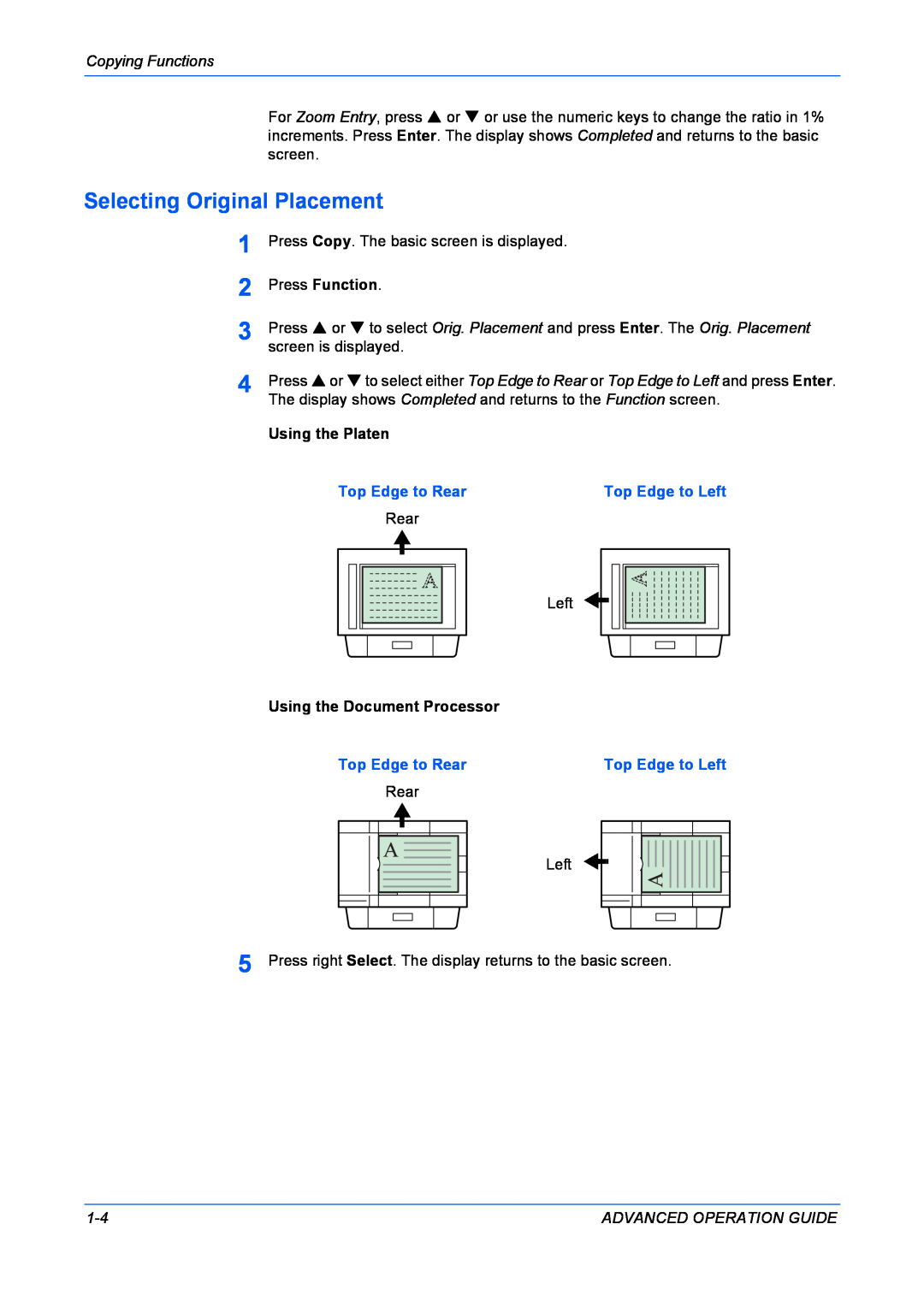 Kyocera KM-1820 manual Selecting Original Placement, Press Function, Using the Platen 