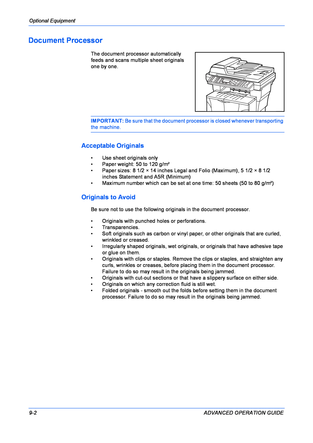 Kyocera KM-1820 manual Document Processor, Acceptable Originals, Originals to Avoid 