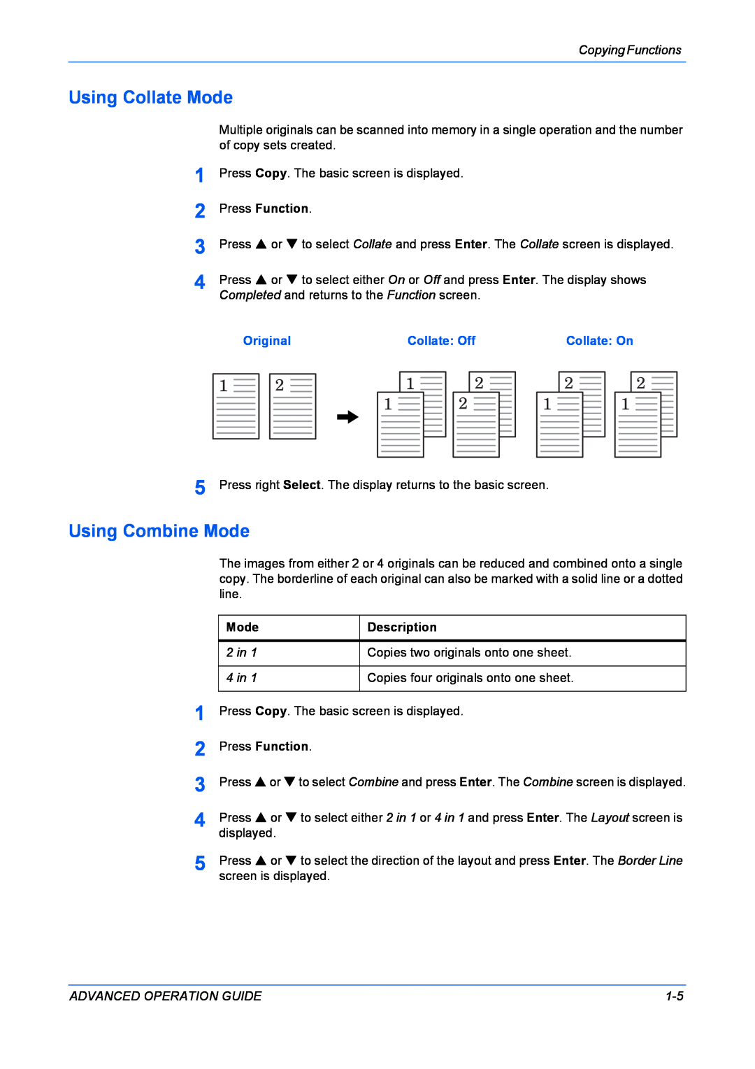 Kyocera KM-1820 manual Using Collate Mode, Using Combine Mode, Original, Collate Off, Collate On, Description 