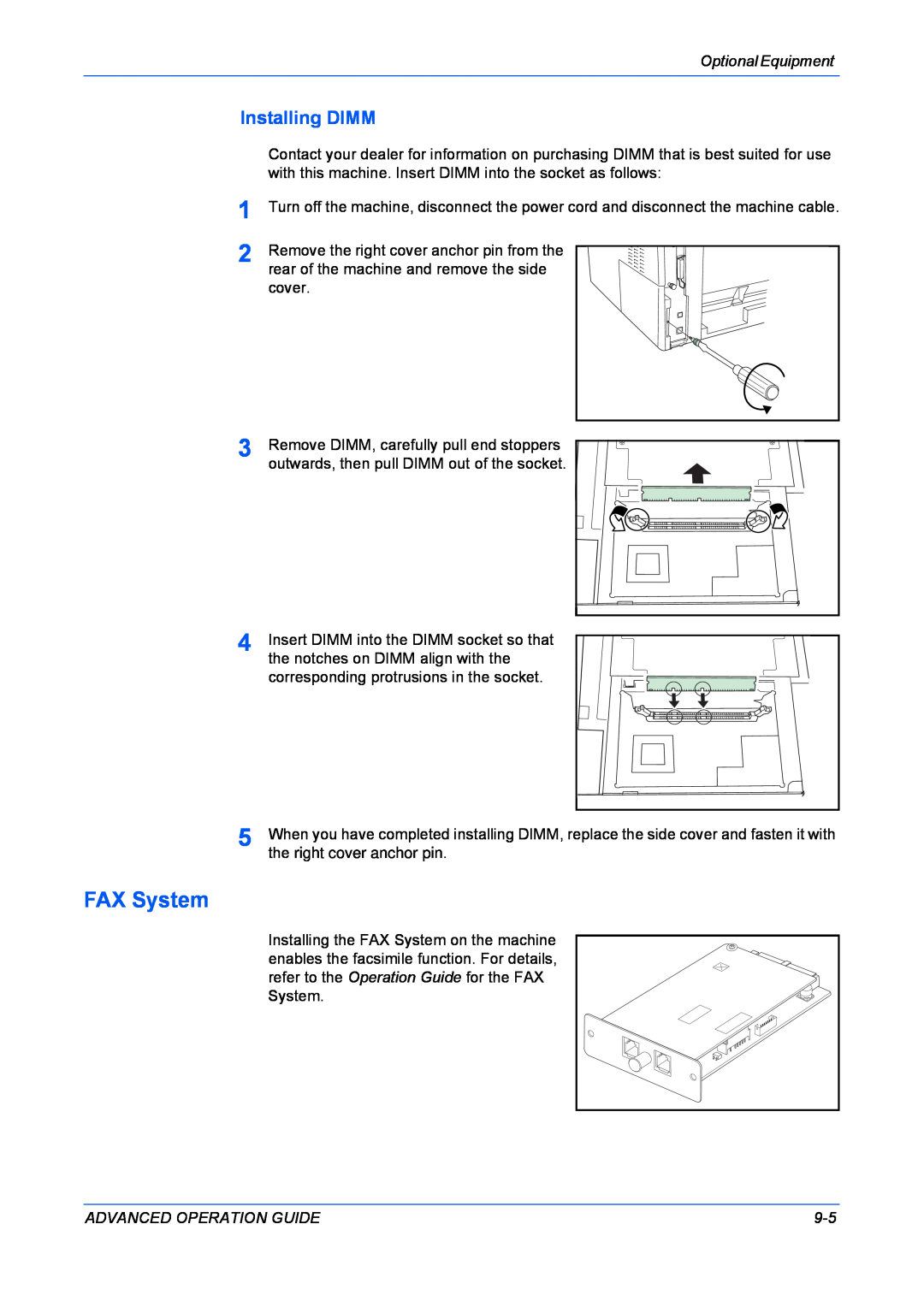 Kyocera KM-1820 manual FAX System, Installing DIMM 