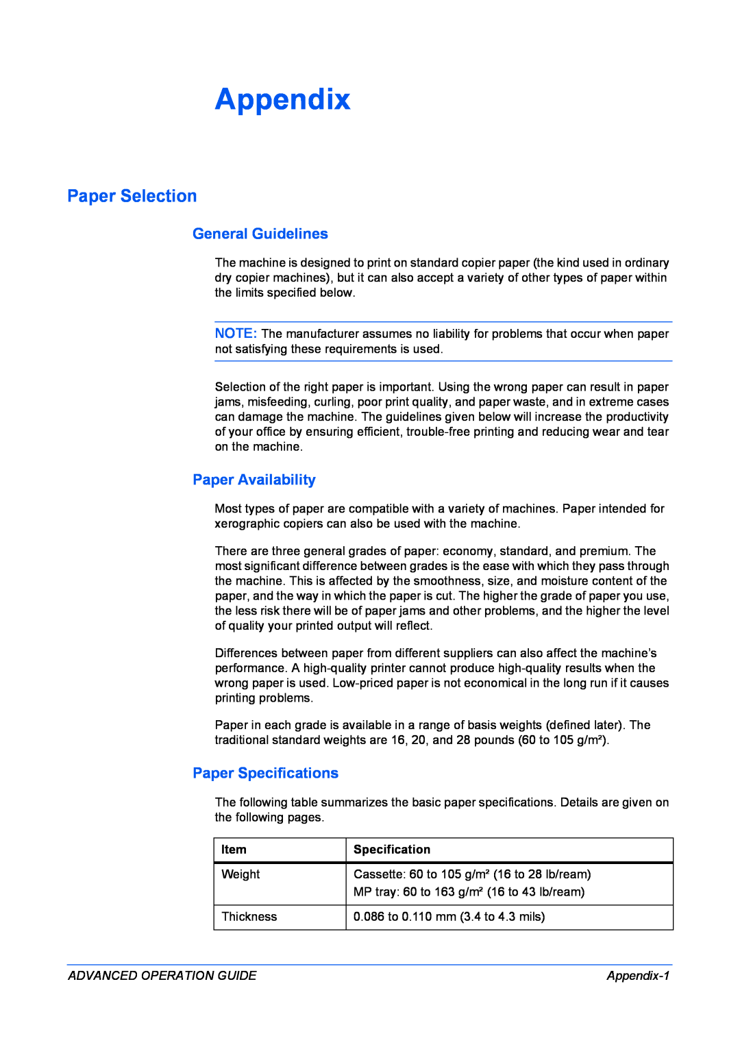 Kyocera KM-1820 manual Appendix, Paper Selection, General Guidelines, Paper Availability, Paper Specifications 