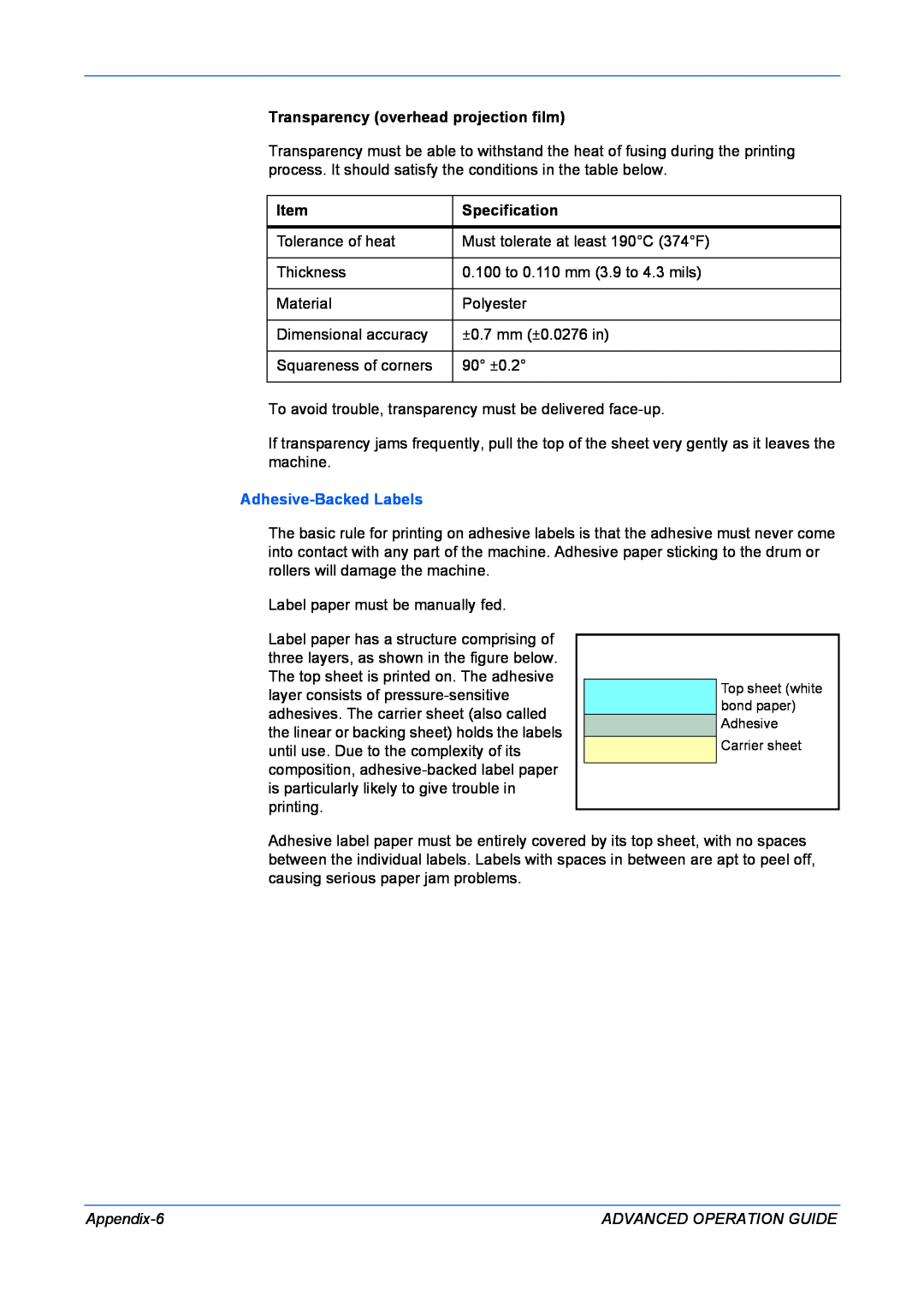 Kyocera KM-1820 manual Adhesive-Backed Labels, Top sheet white bond paper Adhesive Carrier sheet 