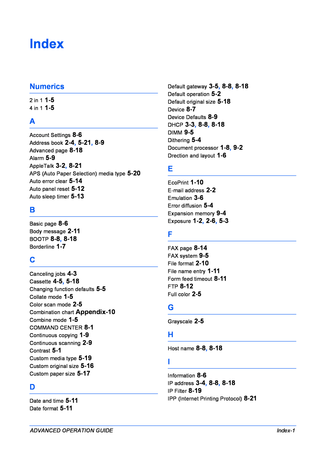 Kyocera KM-1820 manual Index, Numerics 