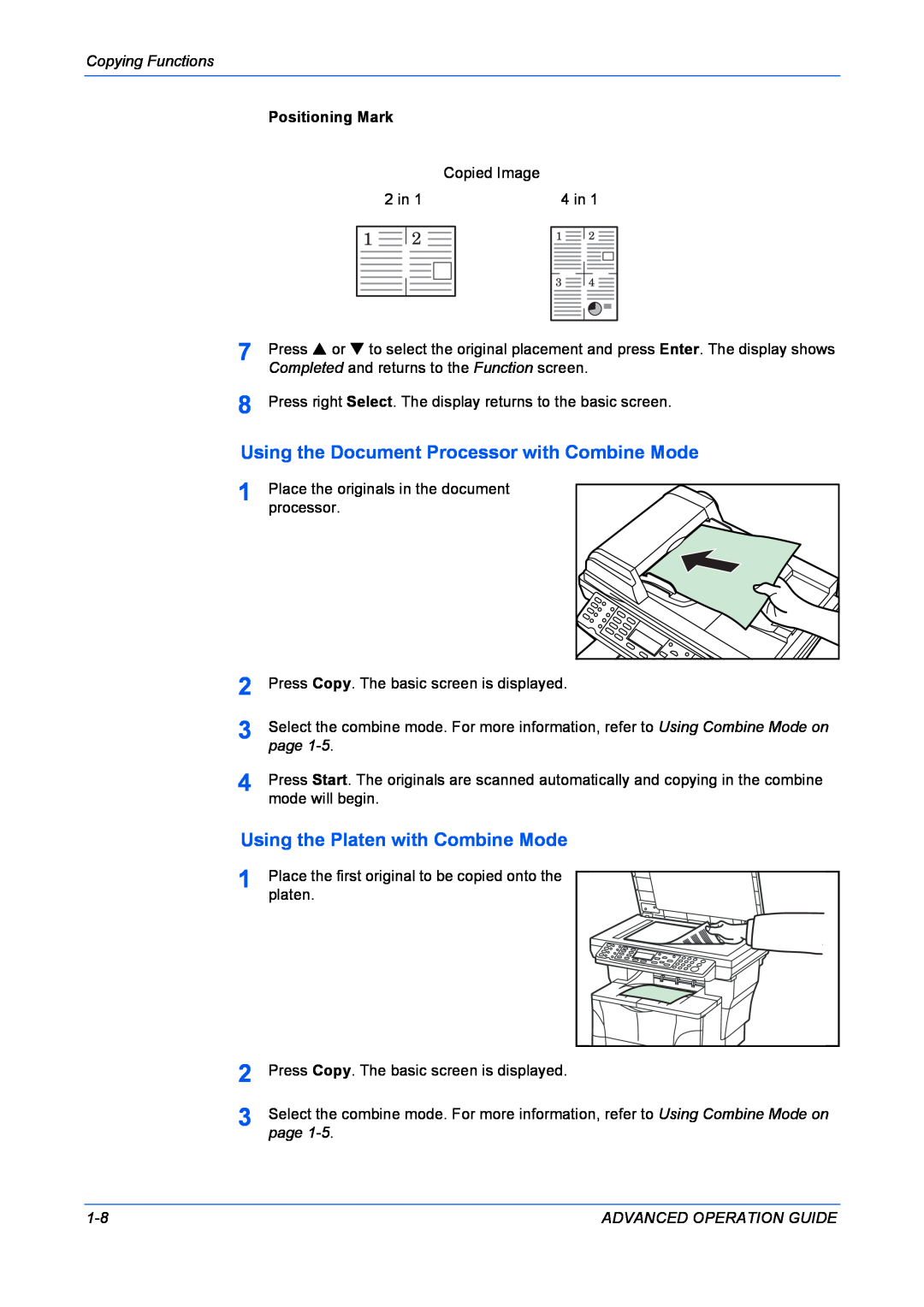 Kyocera KM-1820 manual Using the Document Processor with Combine Mode, Using the Platen with Combine Mode 