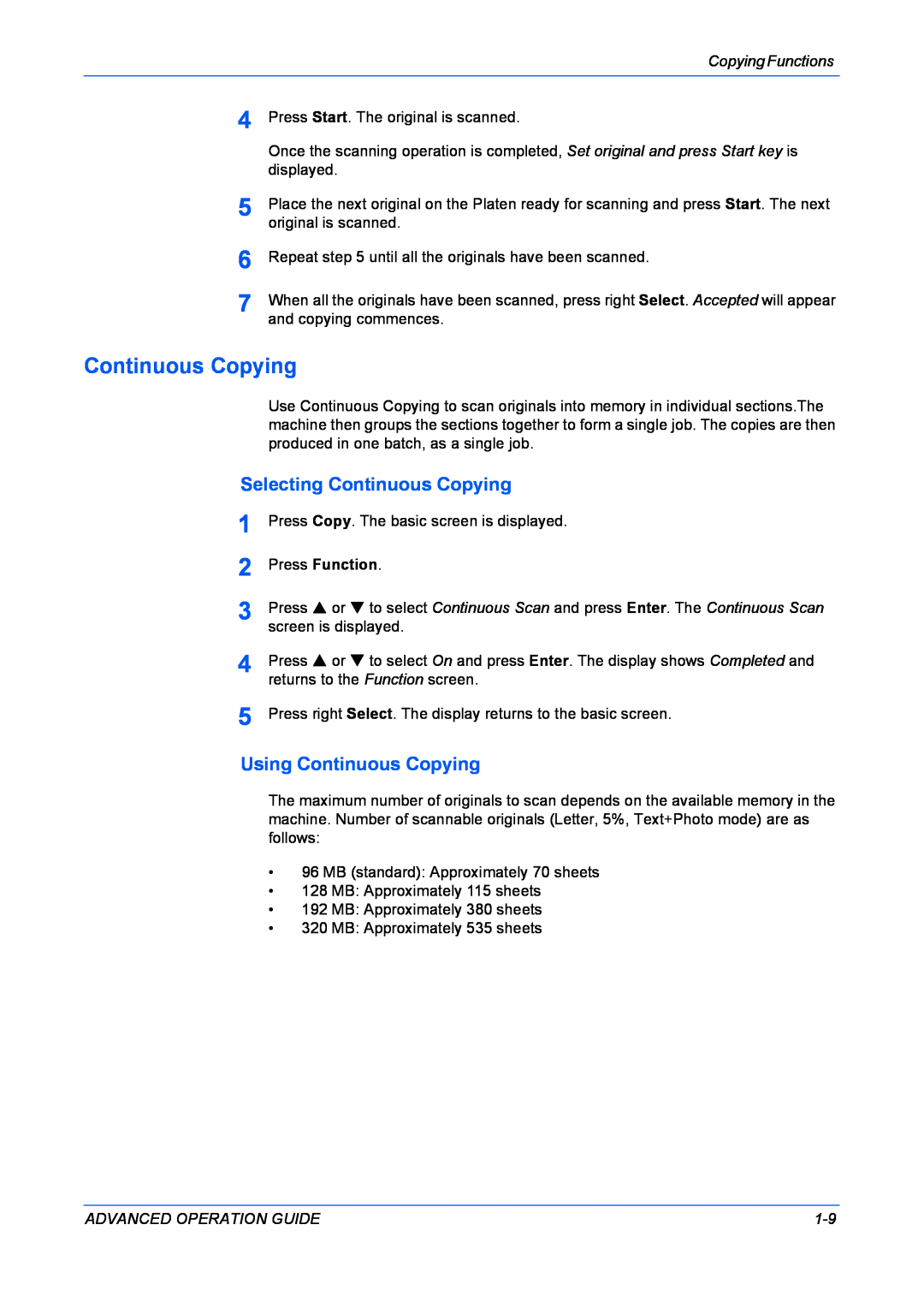 Kyocera KM-1820 manual Selecting Continuous Copying, Using Continuous Copying 