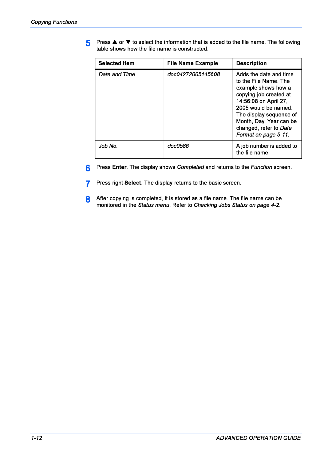 Kyocera KM-1820 manual Selected Item, File Name Example, Description 