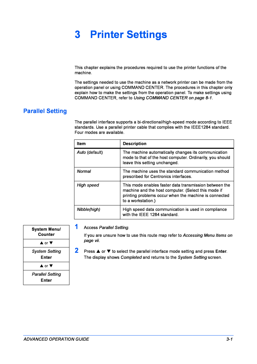 Kyocera KM-1820 manual Printer Settings, Parallel Setting, Description 