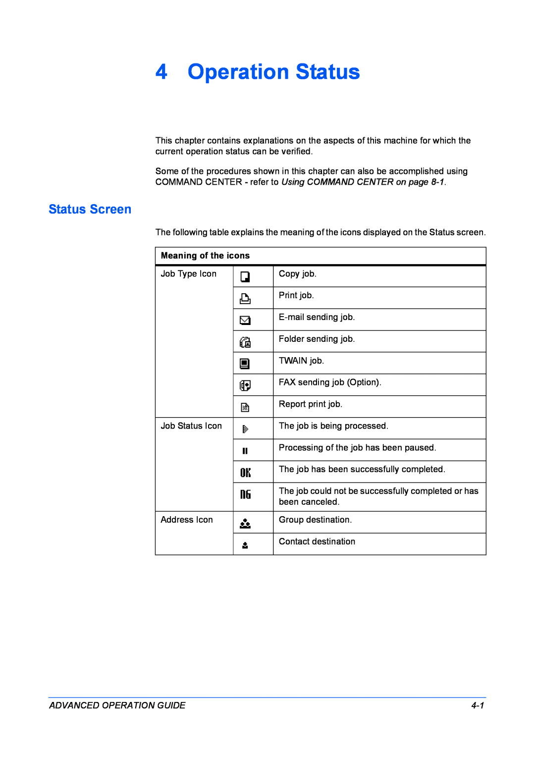 Kyocera KM-1820 manual Operation Status, Status Screen 