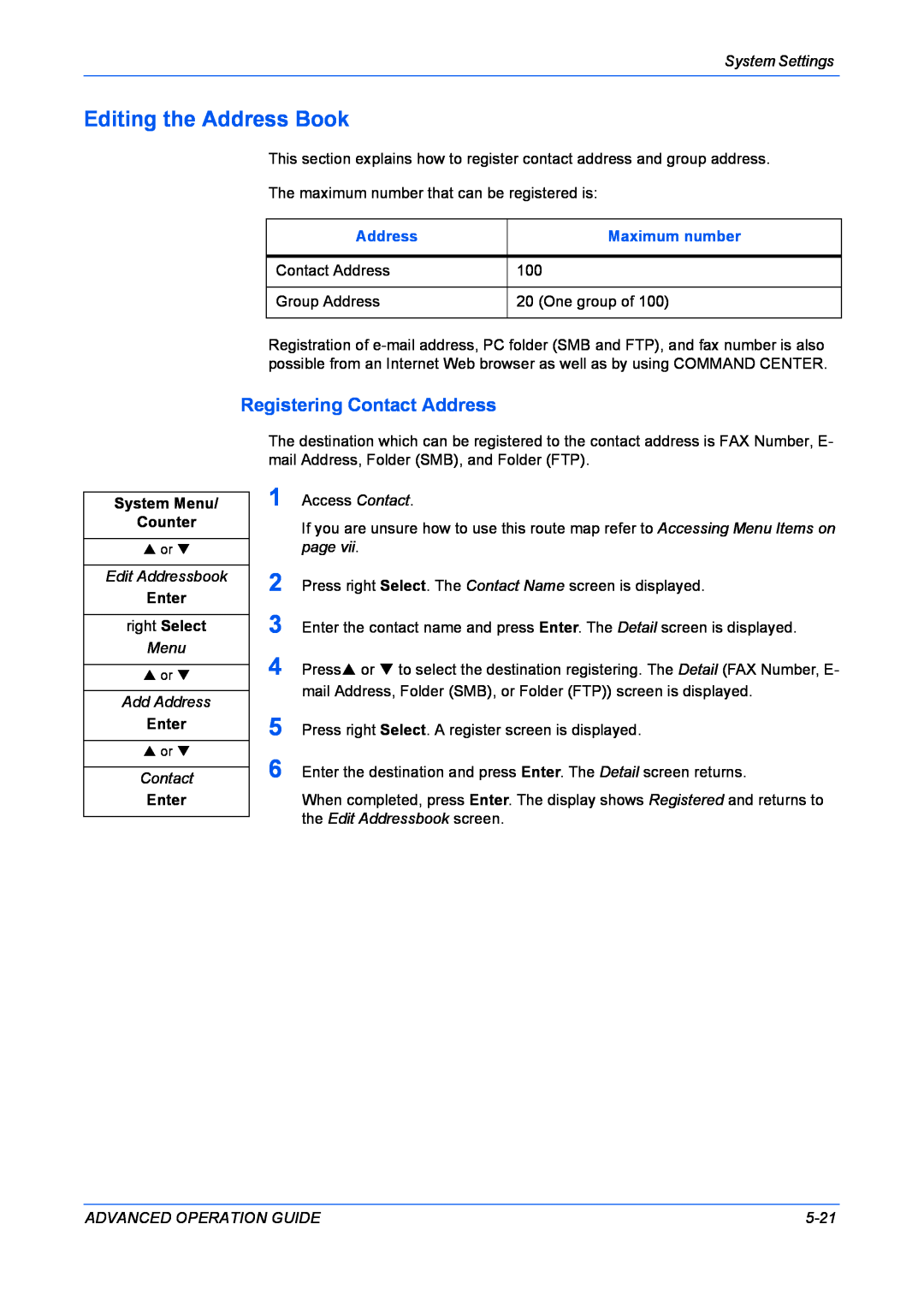 Kyocera KM-1820 manual Editing the Address Book, Registering Contact Address 