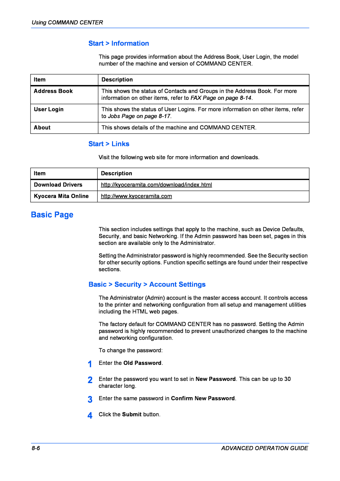 Kyocera KM-1820 manual Basic Page, Start Information, Start Links, Basic Security Account Settings 