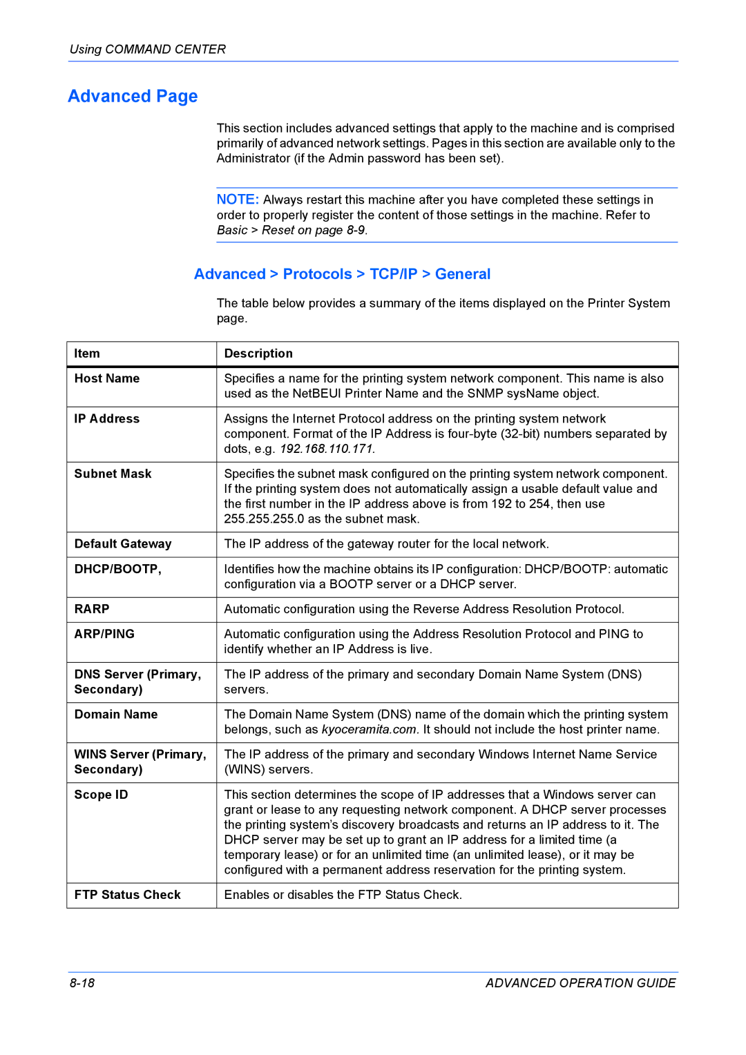 Kyocera KM-1820 manual Advanced Protocols TCP/IP General 