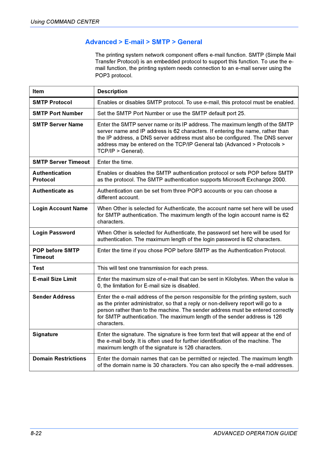 Kyocera KM-1820 manual Advanced E-mail Smtp General 