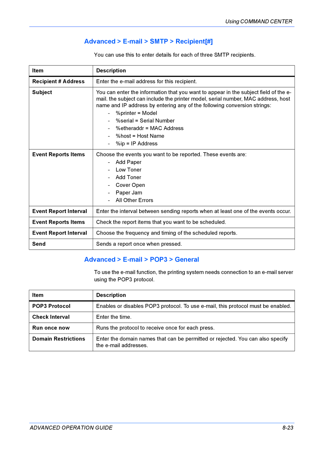 Kyocera KM-1820 manual Advanced E-mail Smtp Recipient#, Advanced E-mail POP3 General 