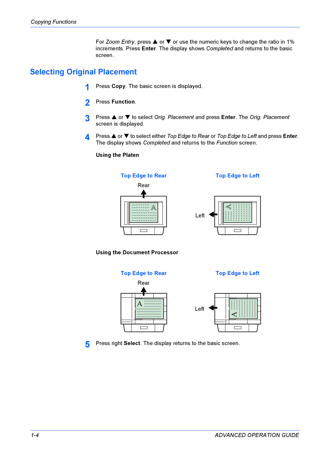 Kyocera KM-1820 manual Selecting Original Placement, Press Function, Using the Platen, Top Edge to Rear Top Edge to Left 