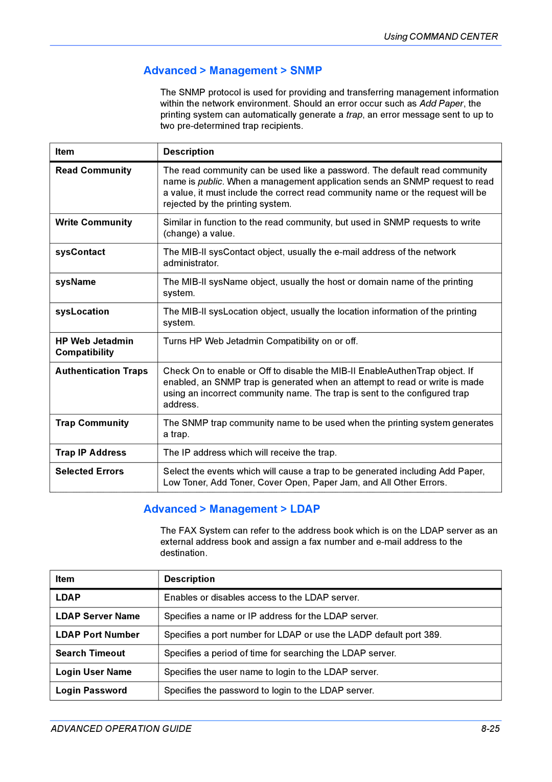 Kyocera KM-1820 manual Advanced Management Snmp, Advanced Management Ldap 