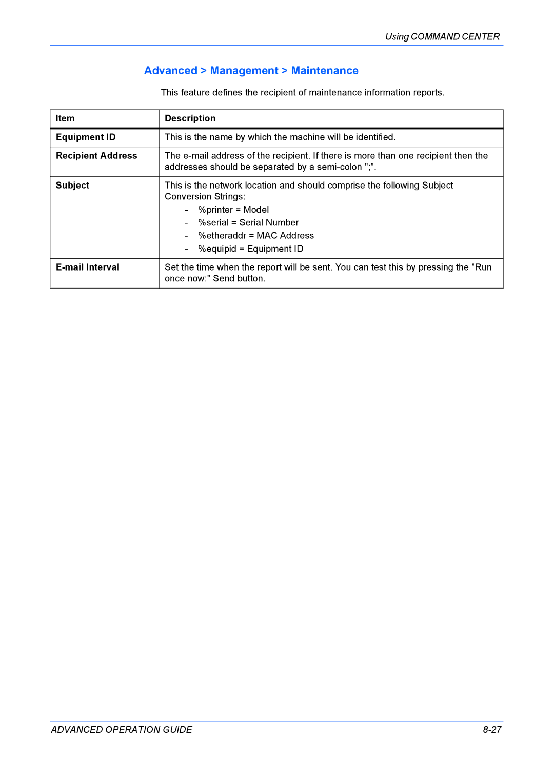 Kyocera KM-1820 manual Advanced Management Maintenance, Equipment ID, Recipient Address, Mail Interval 