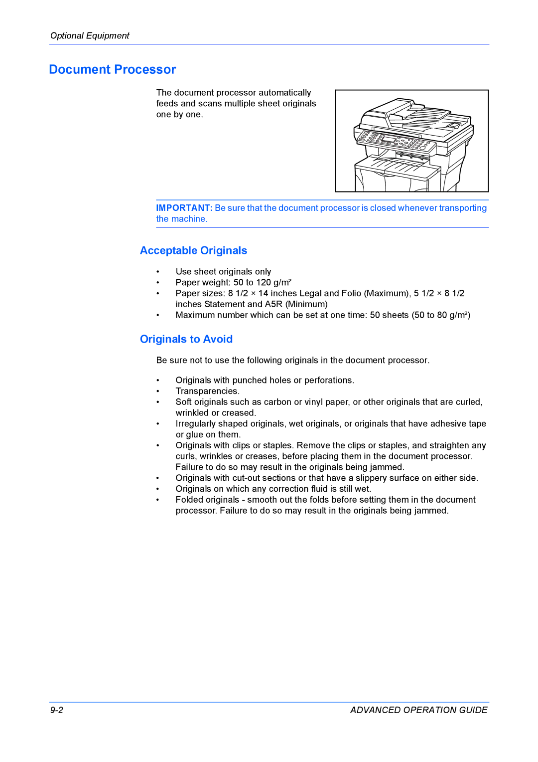 Kyocera KM-1820 manual Document Processor, Acceptable Originals, Originals to Avoid, Optional Equipment 