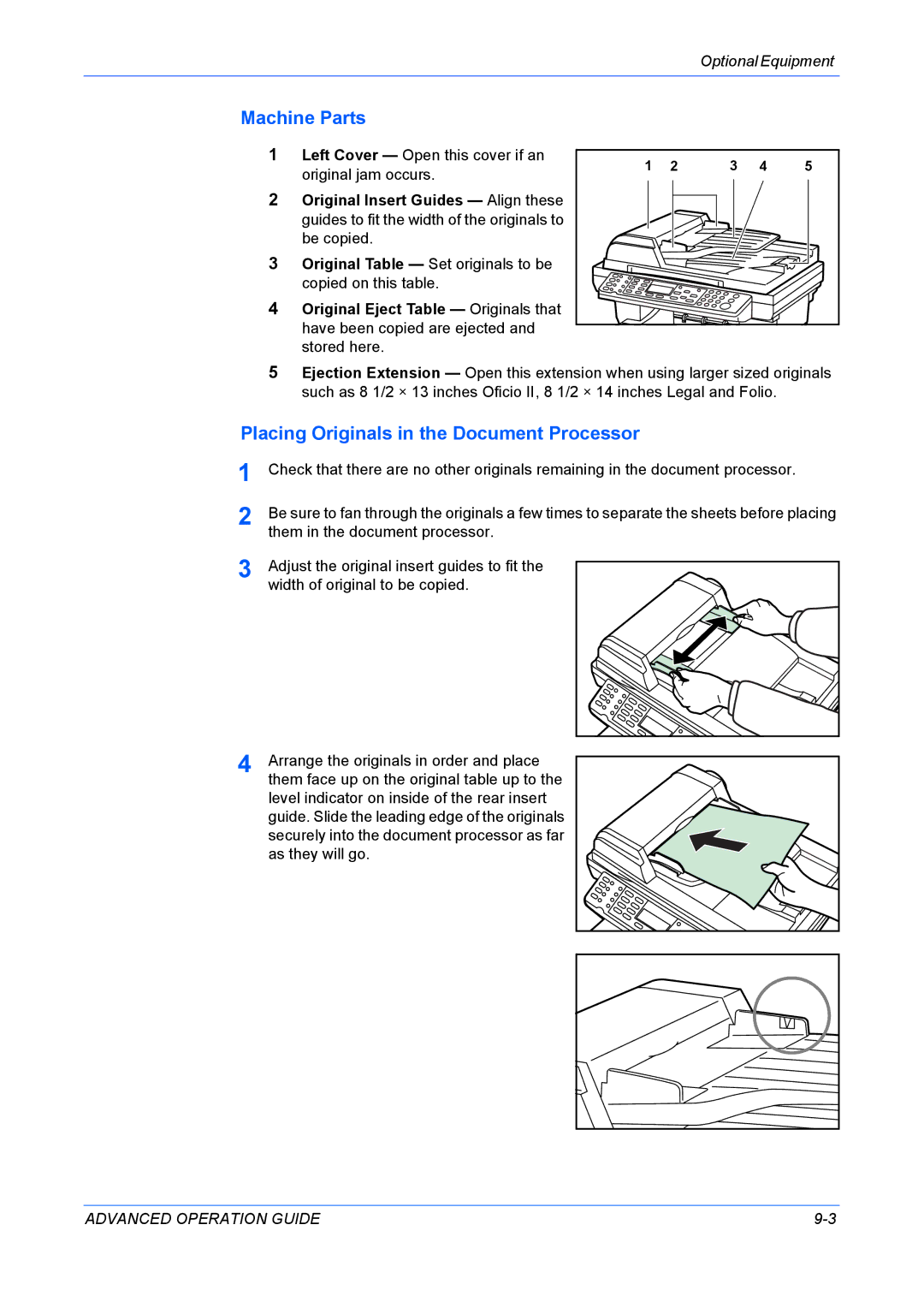 Kyocera KM-1820 manual Machine Parts, Placing Originals in the Document Processor 