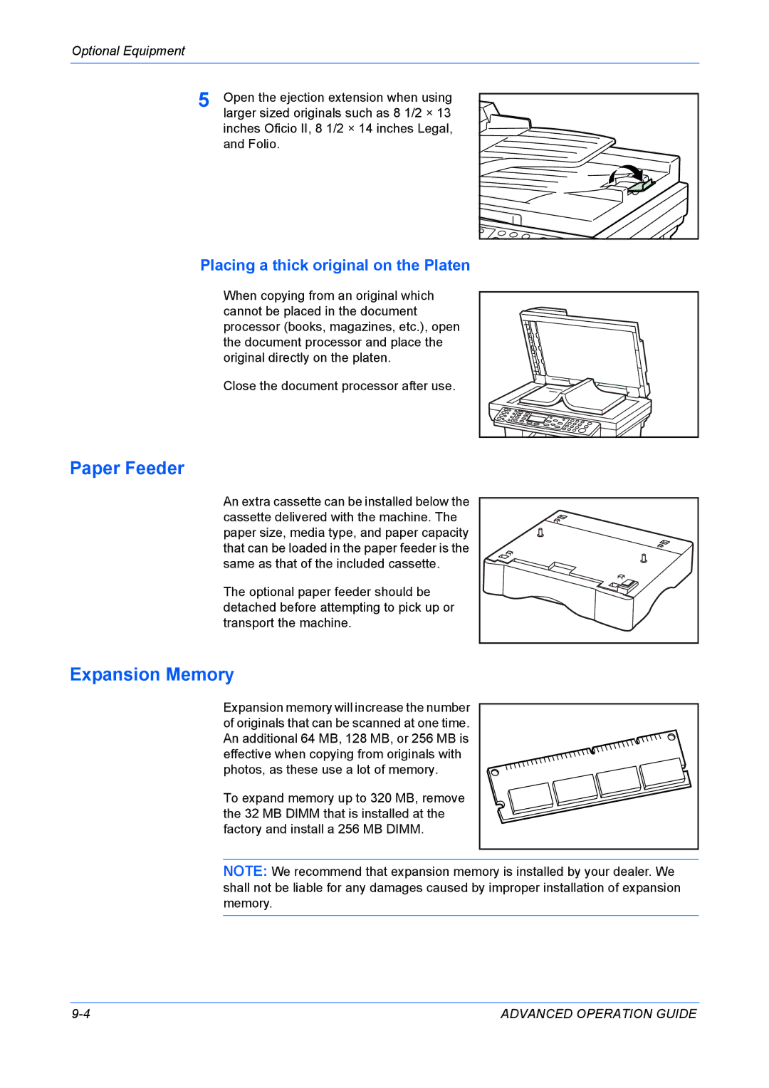 Kyocera KM-1820 manual Paper Feeder, Expansion Memory, Placing a thick original on the Platen 