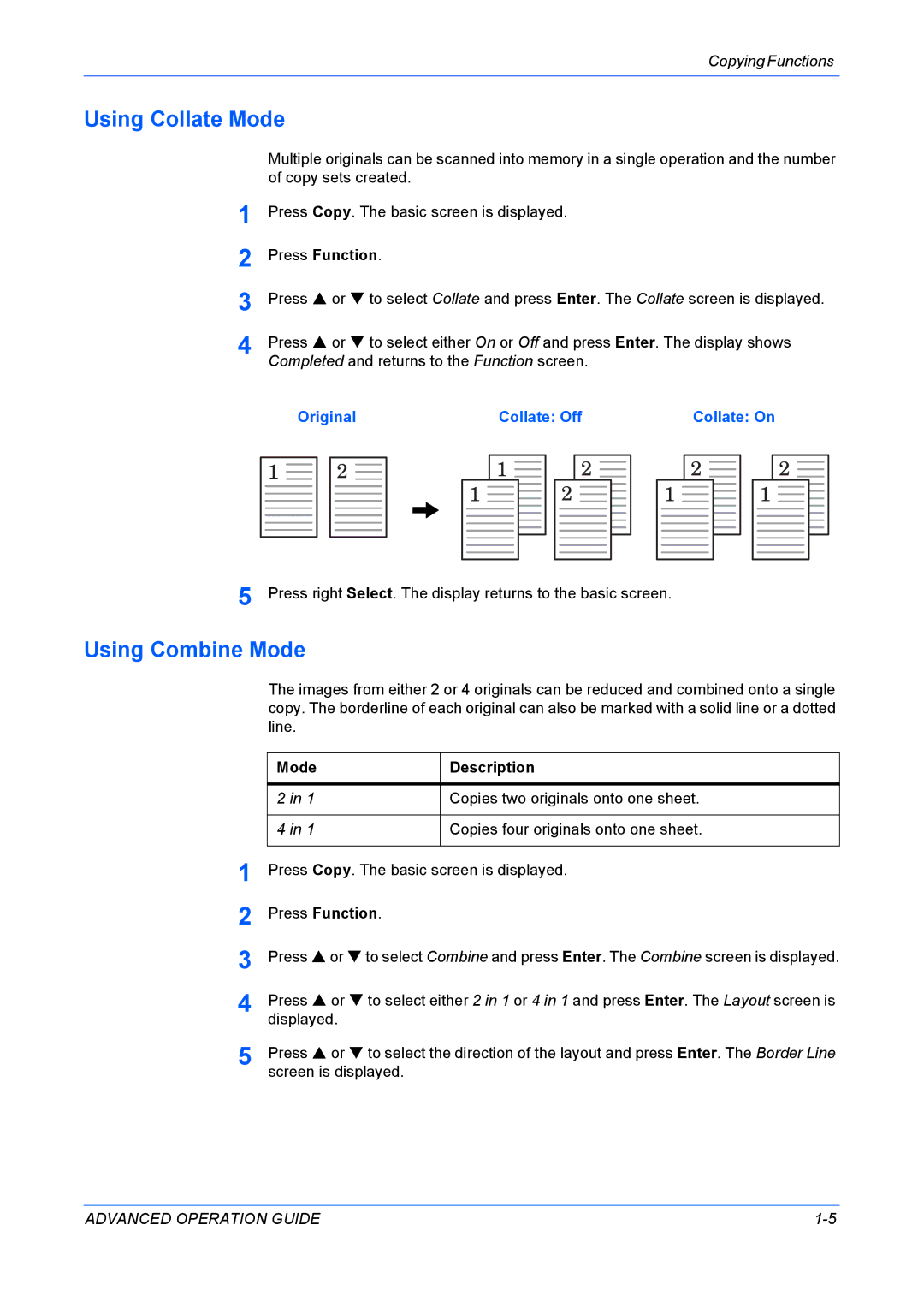 Kyocera KM-1820 manual Using Collate Mode, Using Combine Mode, Original Collate Off Collate On 