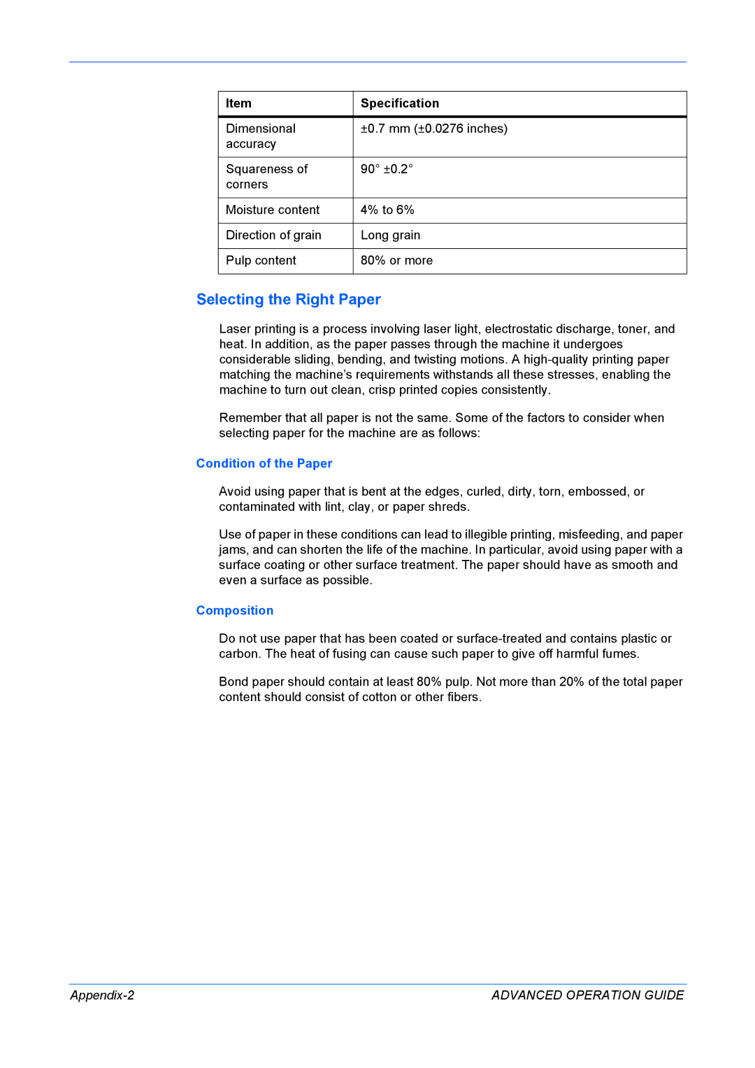 Kyocera KM-1820 manual Selecting the Right Paper, Condition of the Paper, Composition, Appendix-2 