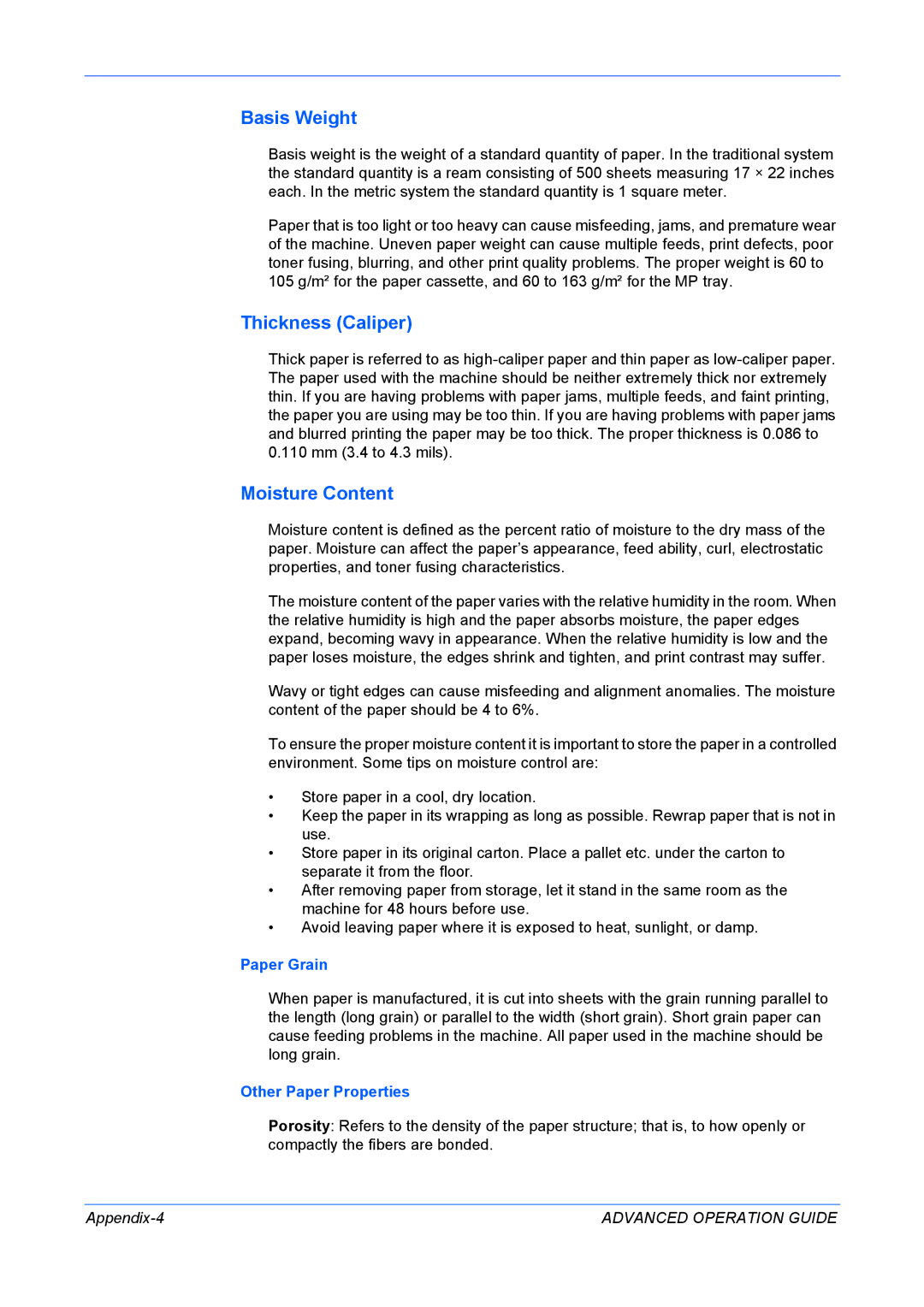 Kyocera KM-1820 manual Basis Weight, Thickness Caliper, Moisture Content, Paper Grain, Other Paper Properties 