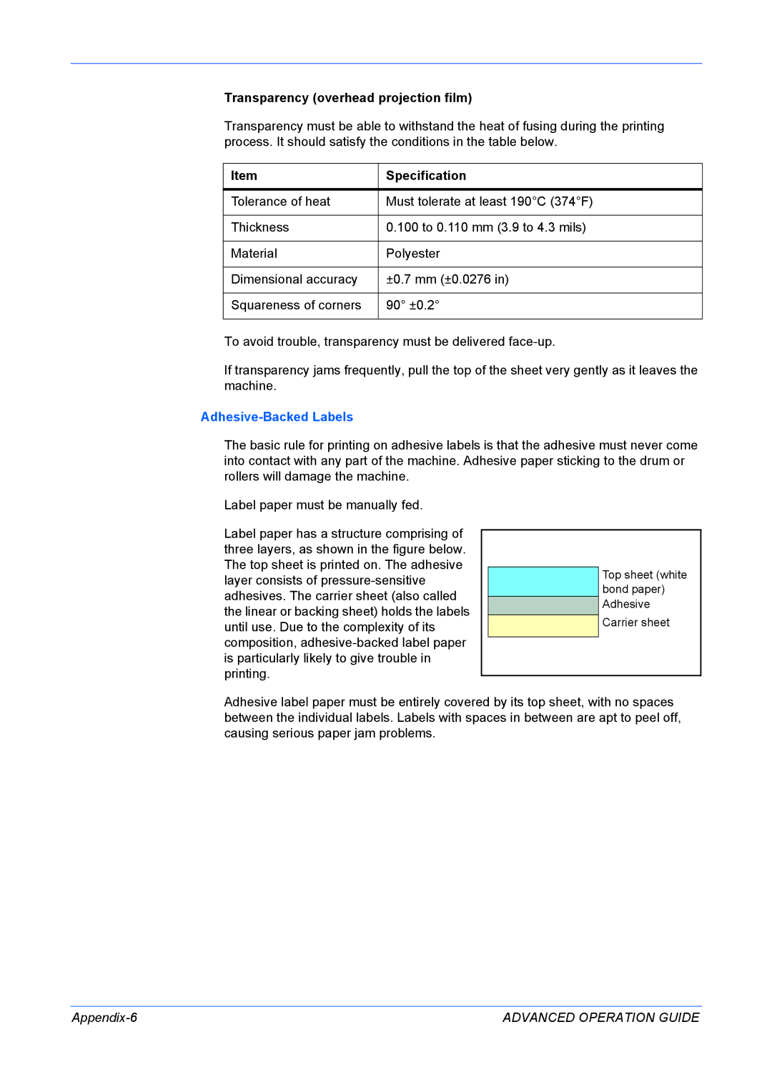 Kyocera KM-1820 manual Transparency overhead projection film, Adhesive-Backed Labels, Appendix-6 