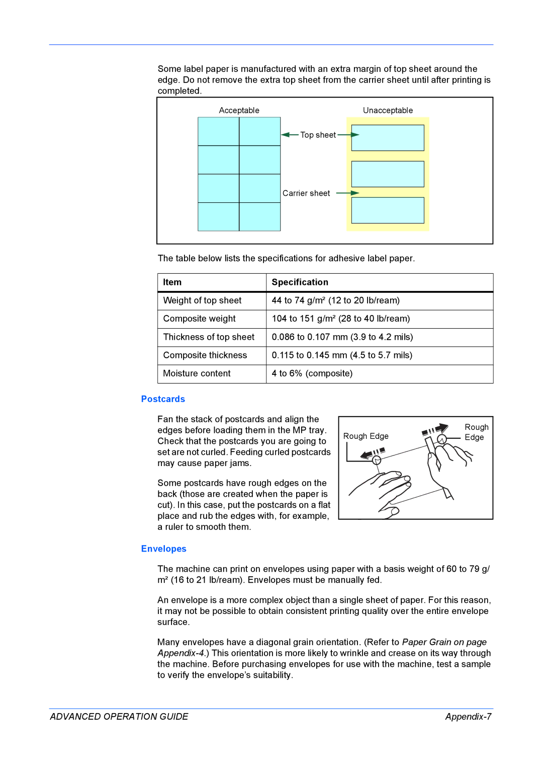 Kyocera KM-1820 manual Postcards, Envelopes, Appendix-7 