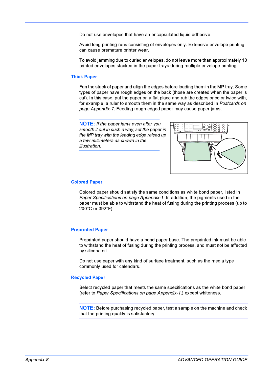 Kyocera KM-1820 manual Thick Paper, Colored Paper, Preprinted Paper, Recycled Paper, Appendix-8 