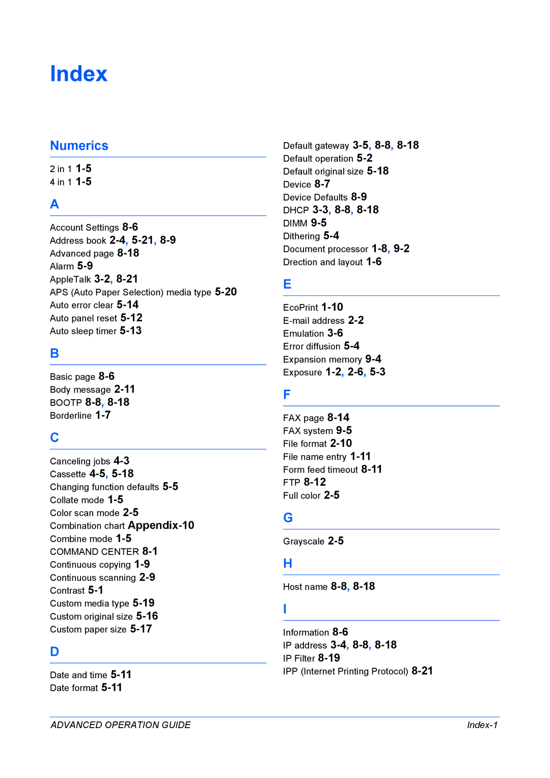 Kyocera KM-1820 manual Numerics, Index-1 