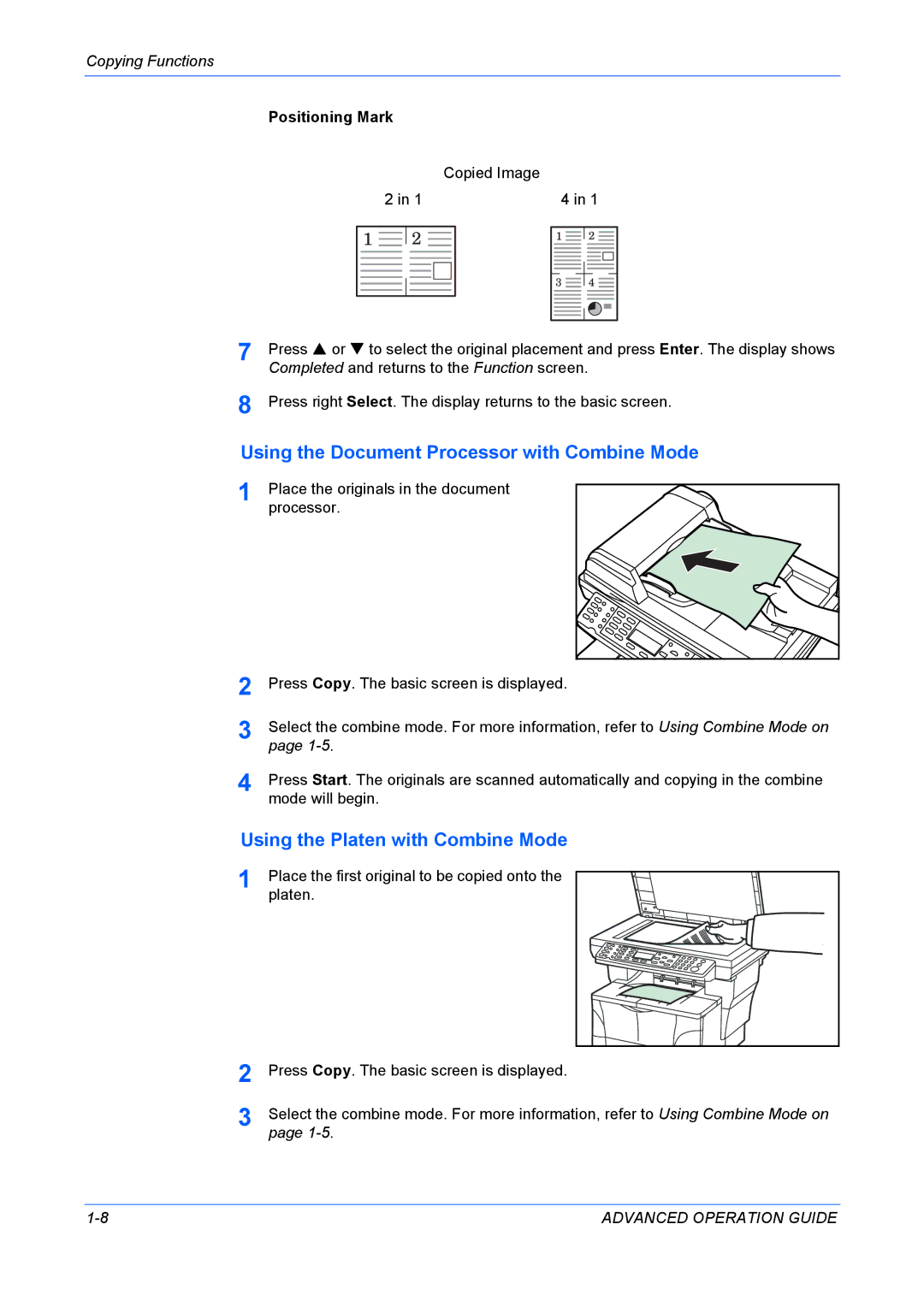 Kyocera KM-1820 manual Using the Platen with Combine Mode, Positioning Mark, Completed and returns to the Function screen 