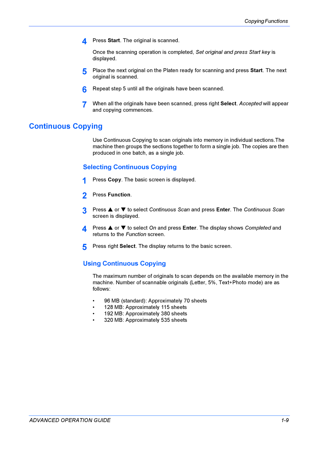 Kyocera KM-1820 manual Selecting Continuous Copying, Using Continuous Copying 