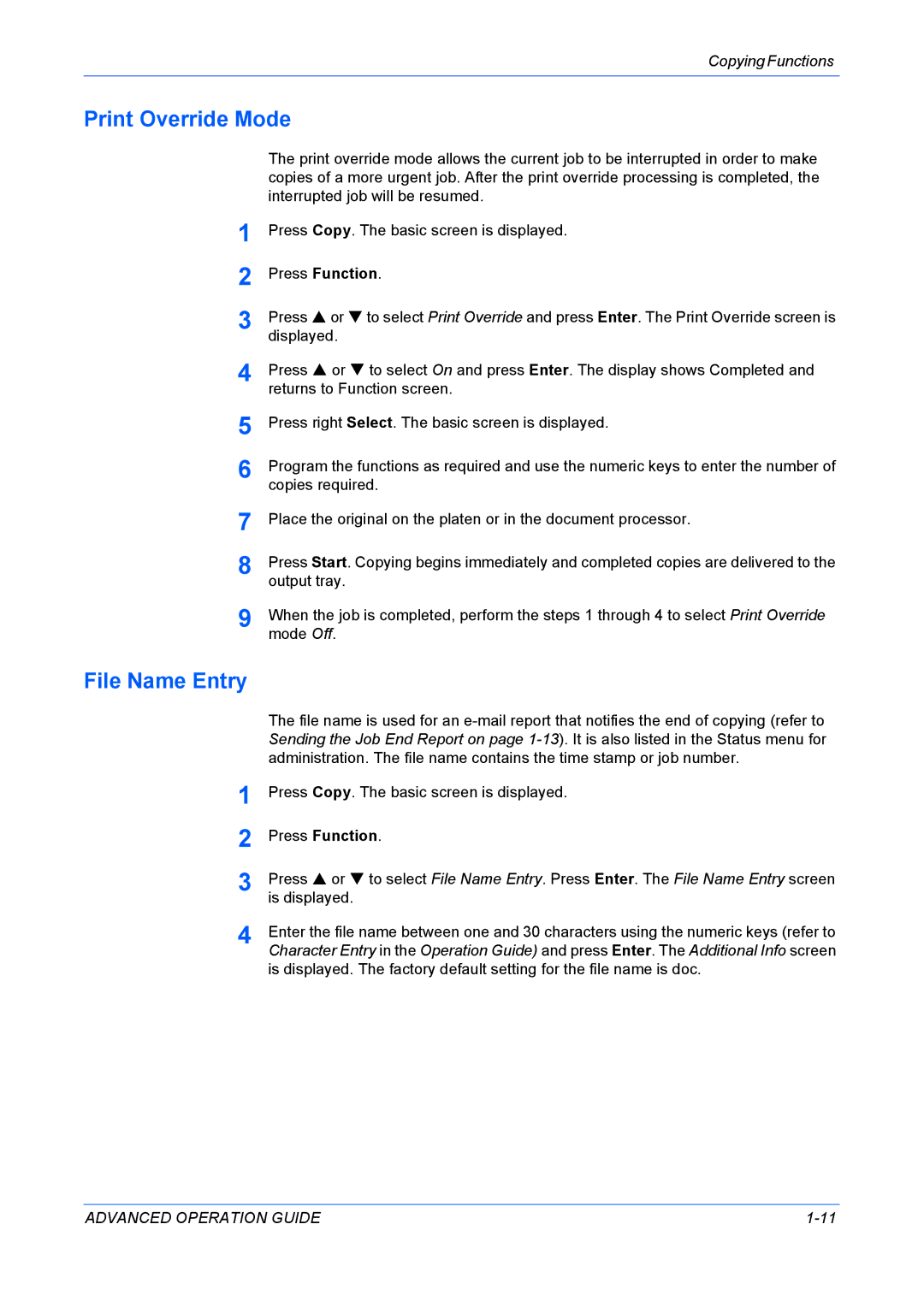 Kyocera KM-1820 manual Print Override Mode, File Name Entry 